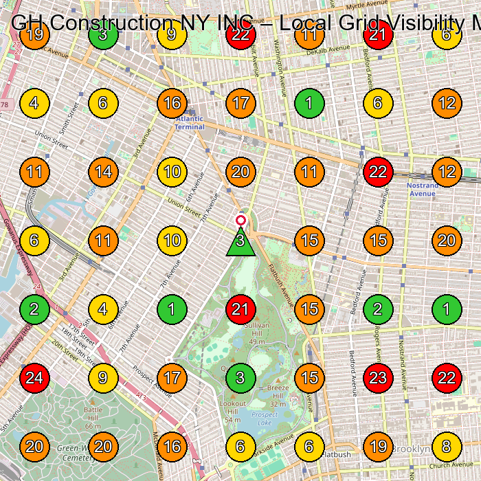 GH Construction NY INC Construction Company GeoGrid ranking map for Brooklyn NY
